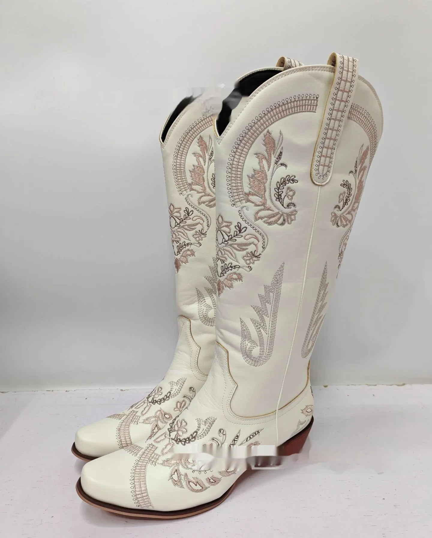 Women's embroidered rhinestone thick high heel high-top boots with side zipper, artificial PU upper, available in multiple colours