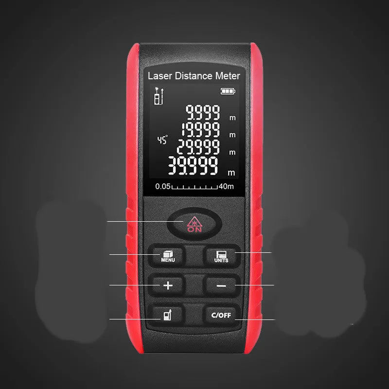 E series hand-held laser range finder with compact ABS construction for decoration project measurements
