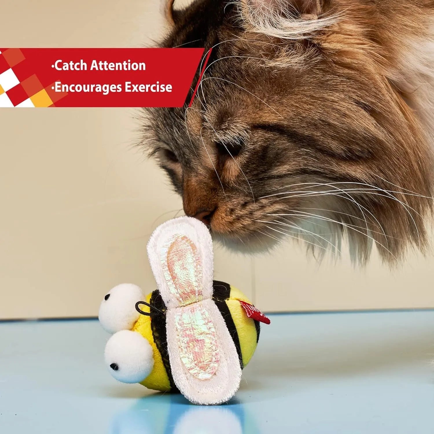 Yellow flannelette bee-shaped electronic cat toy that squeaks when moved