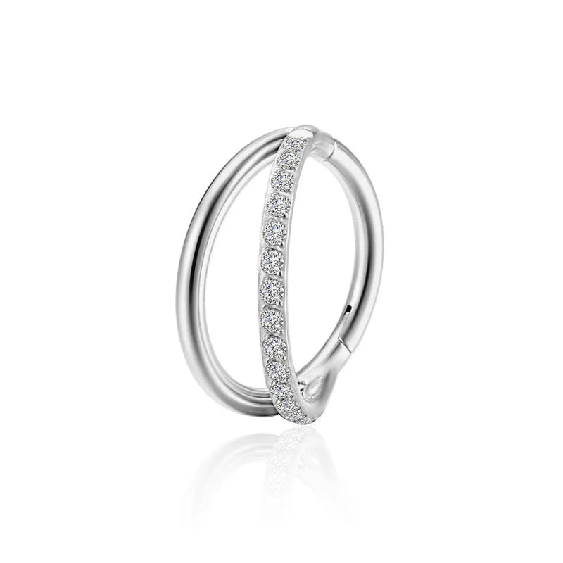 F136 titanium alloy fork nose ring with diamond cut finish in silver colour, on display