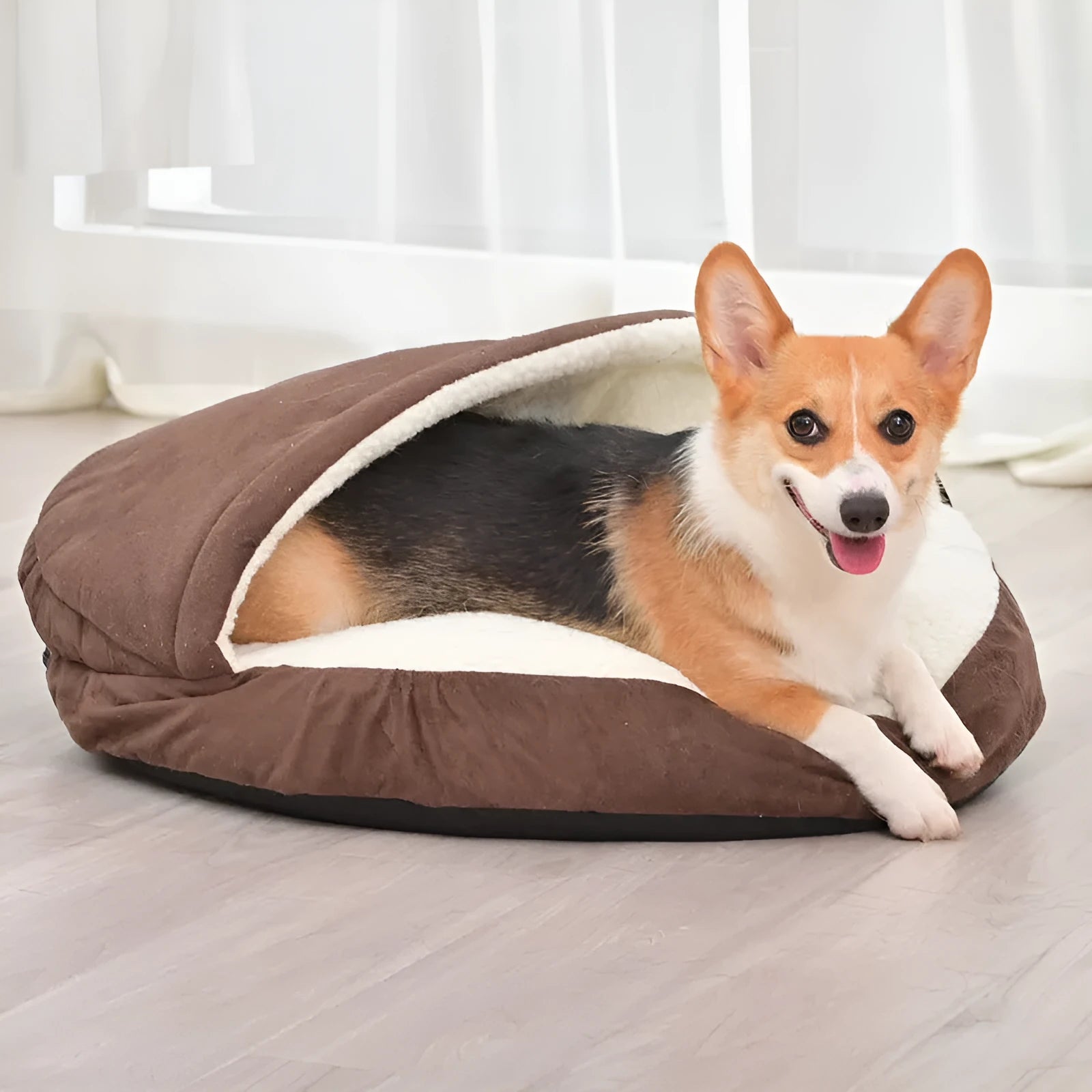Brown and grey cloth dog kennel with removable washable cover for small to medium-sized dogs