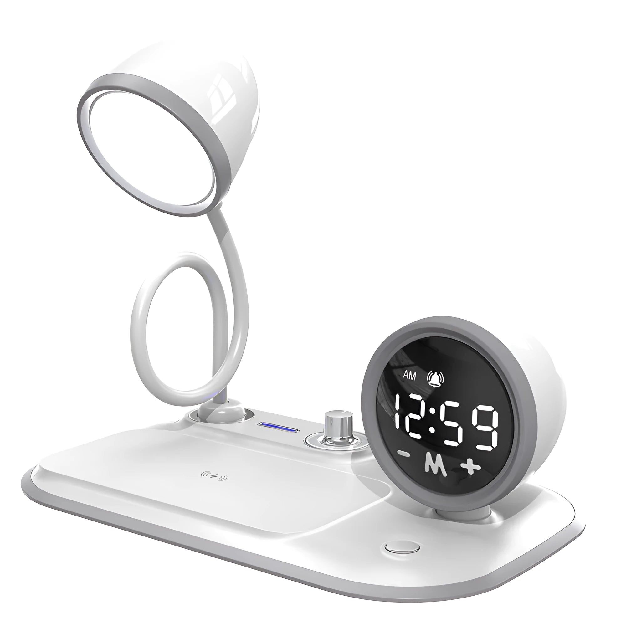 Three-in-one desk lamp with wireless charging pad and clock display in white or black colours