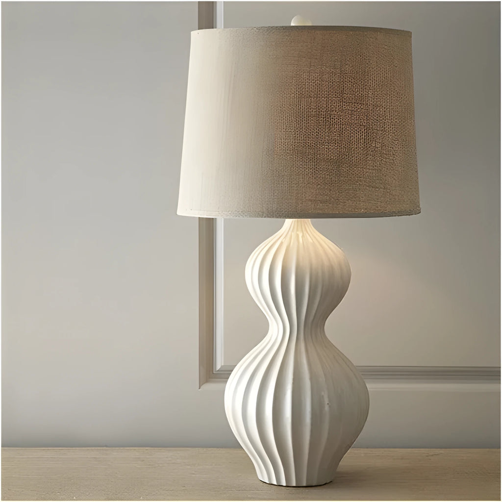 Cream white ceramic table lamp with fabric lampshade in American country style