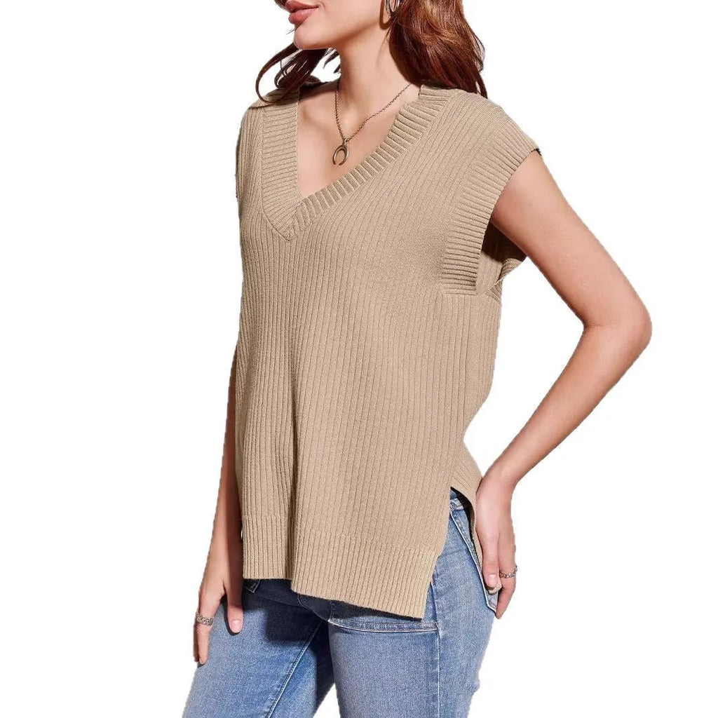 V-neck sleeveless loose pullover vest in camel colour with stripe pattern