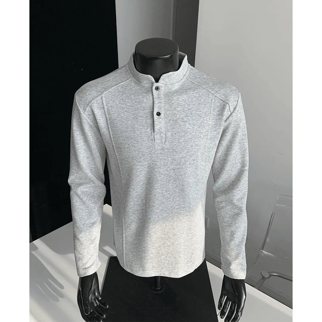 Men's patchwork stand-up collar sweater in black with asymmetric shoulder and long sleeves, loose fit