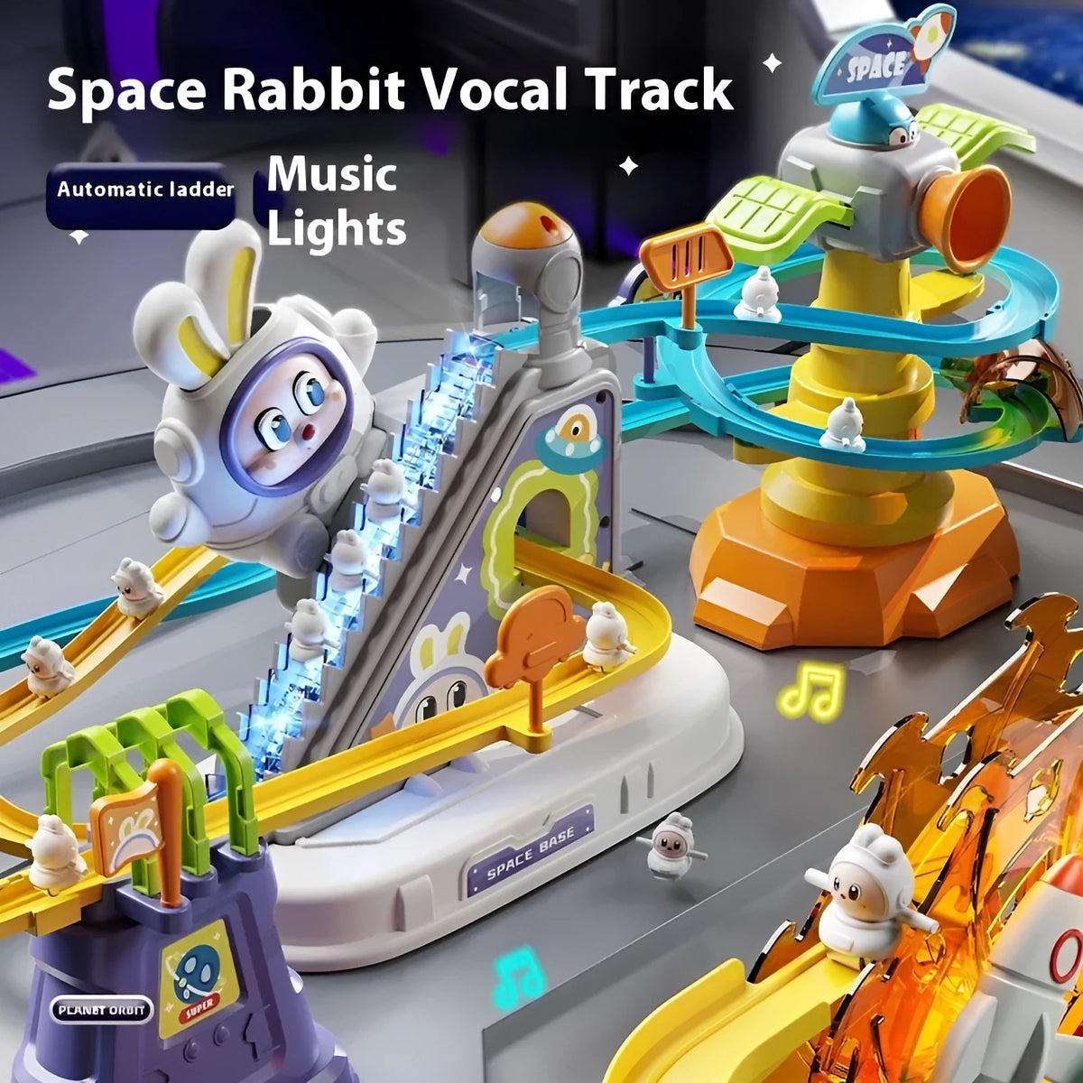 Children's space rabbit electric track toy with plastic climbing stairs and slide