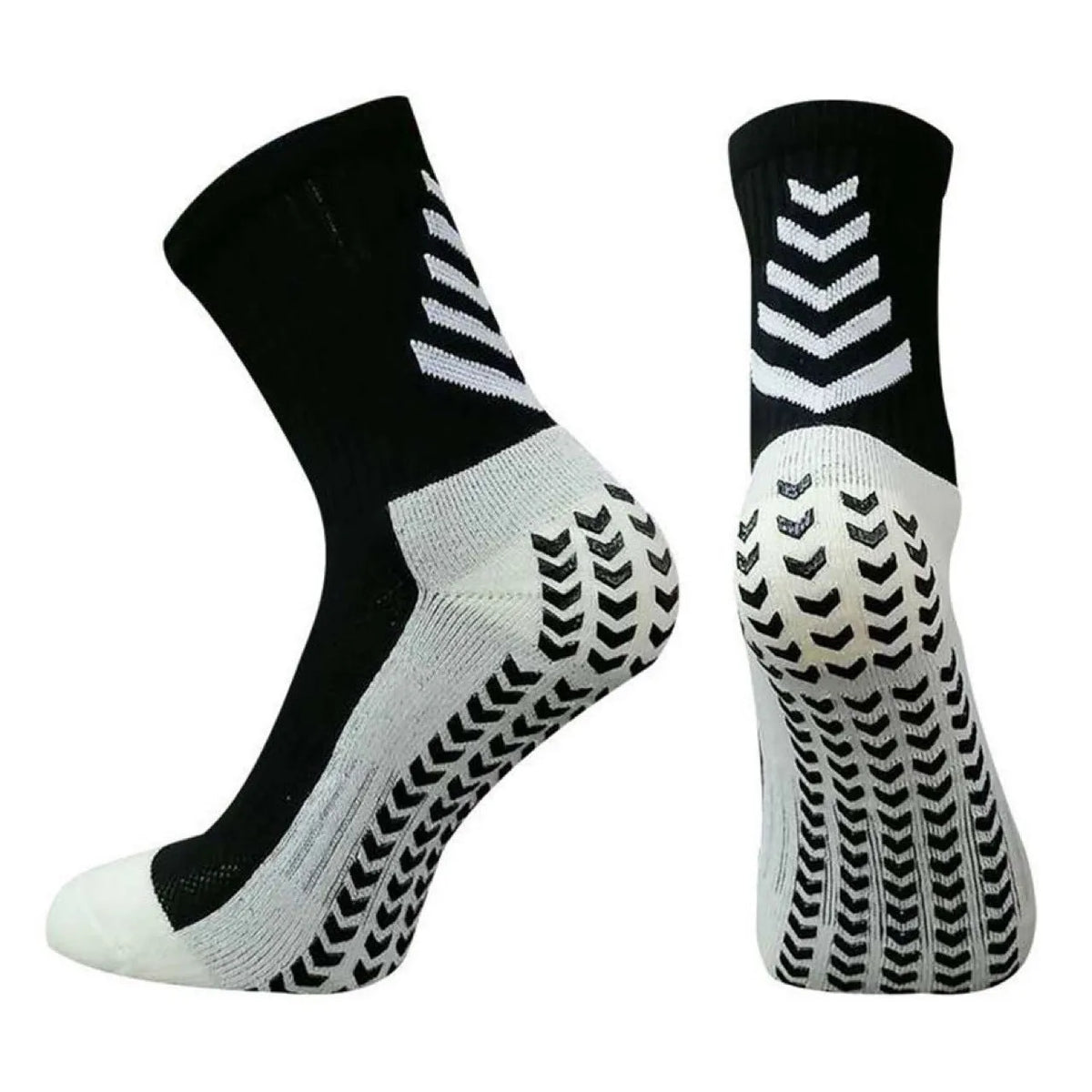 Men's mid-calf athletic socks with non-slip silicone grip, arrow black design, polyester thickened construction for running and football