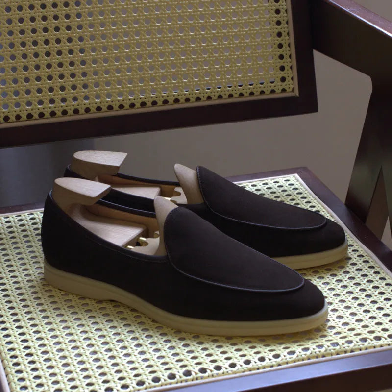 British handmade men's leather loafers in brown with a low-tube sock design and TPR sole.