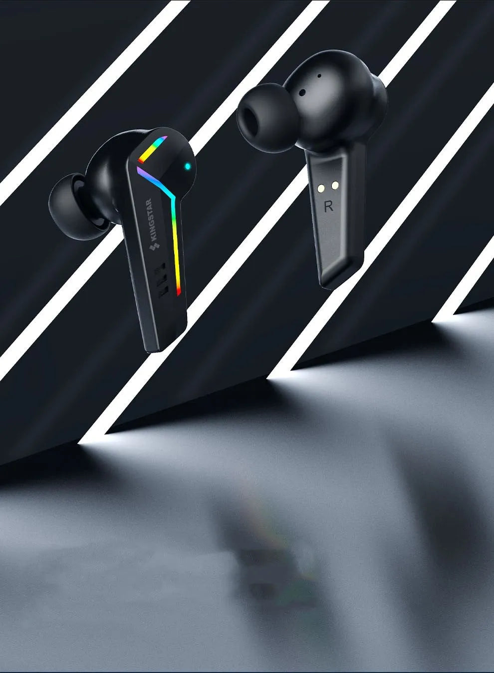 Black wireless sports Bluetooth headset with earplug design on a plain background.