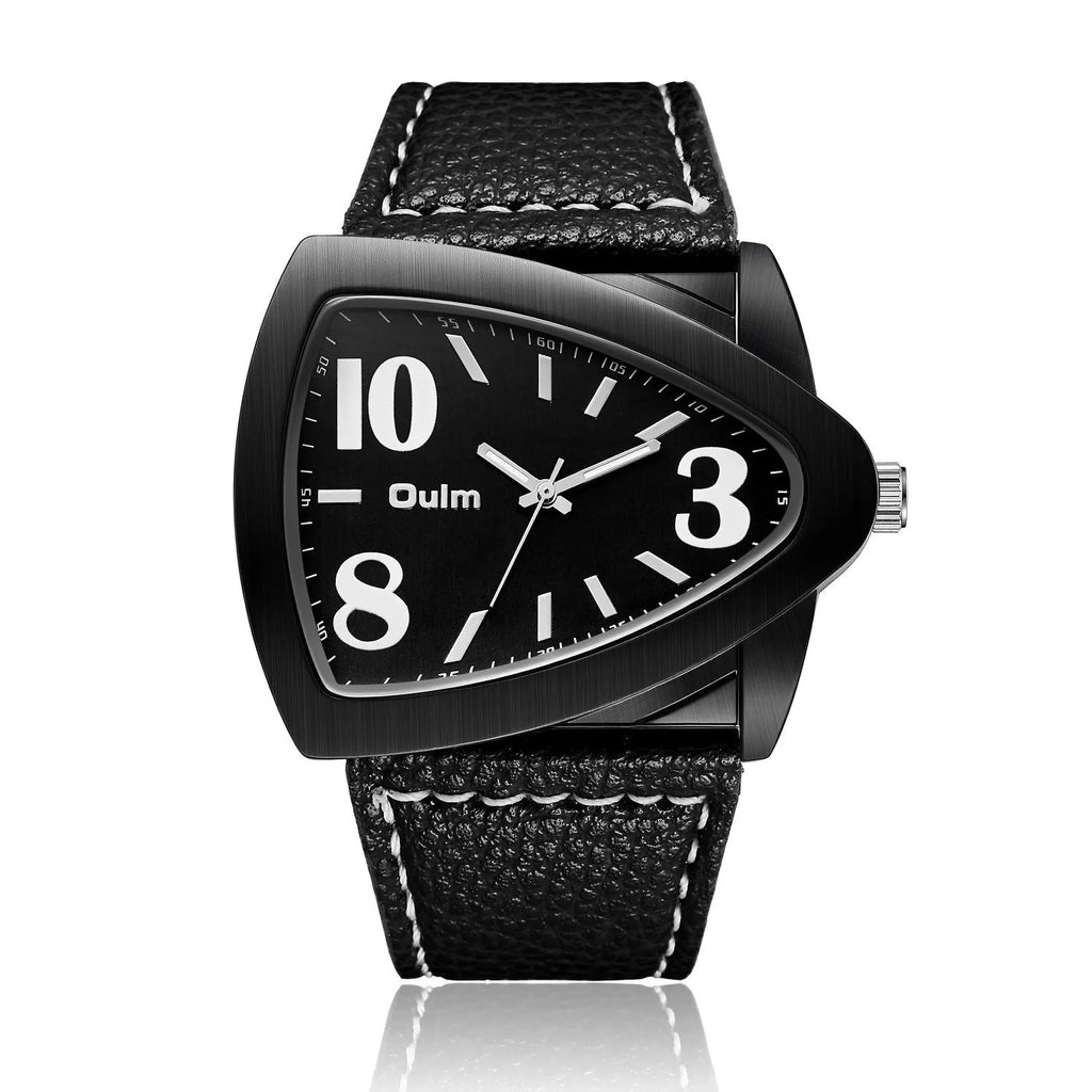 Men's triangular case quartz watch in black, shown on wrist, highlighting its geometric design and slim profile.