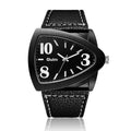 Men's triangular case quartz watch in black, shown on wrist, highlighting its geometric design and slim profile.