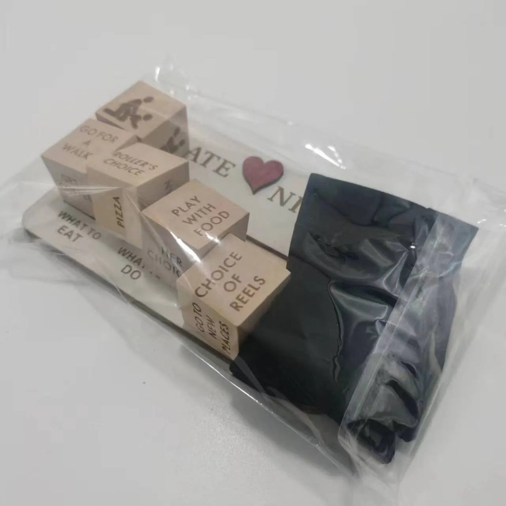 Wooden date night dice set showing five wooden dice, a rectangular planner board, and a black storage bag.