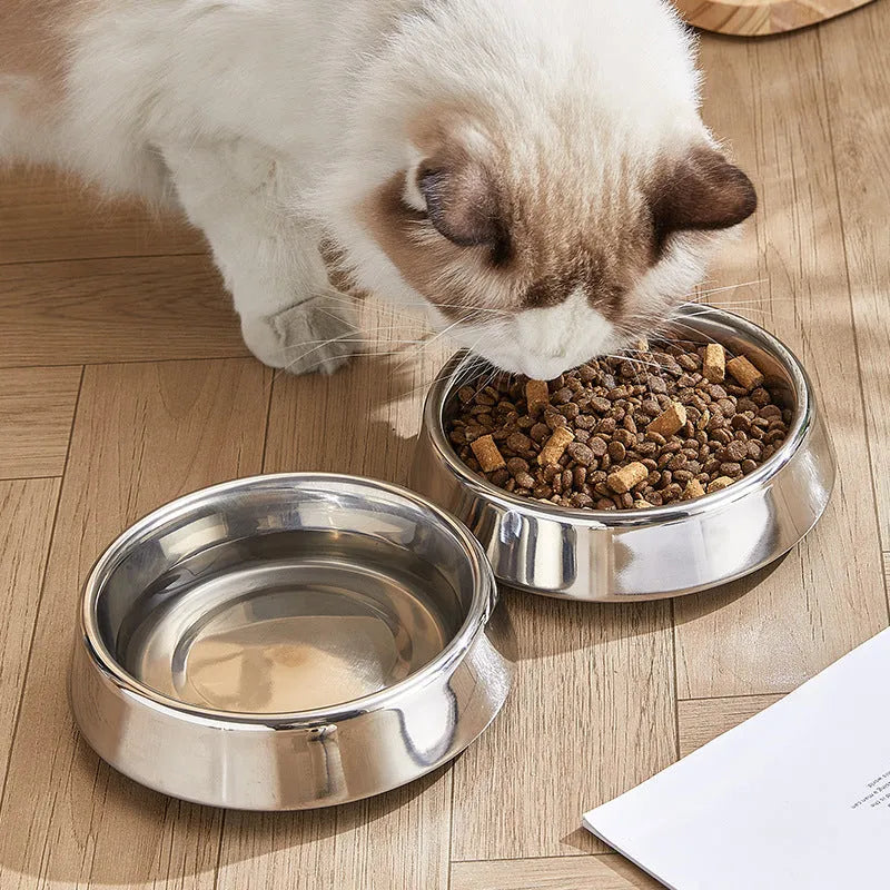 Thick stainless steel pet bowl with non-slip base, anti-fall rim, and bite-resistant construction