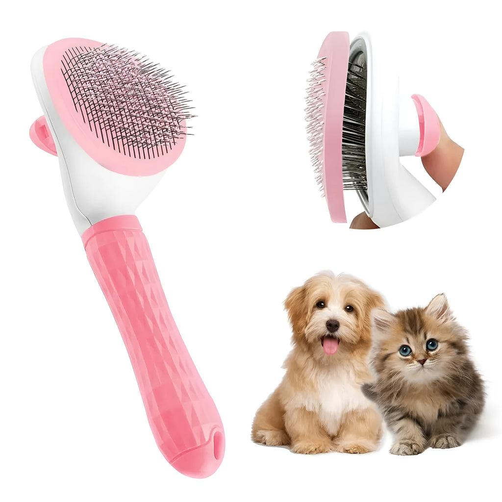 Cat grooming brush with release button in blue, grey and pink colour options