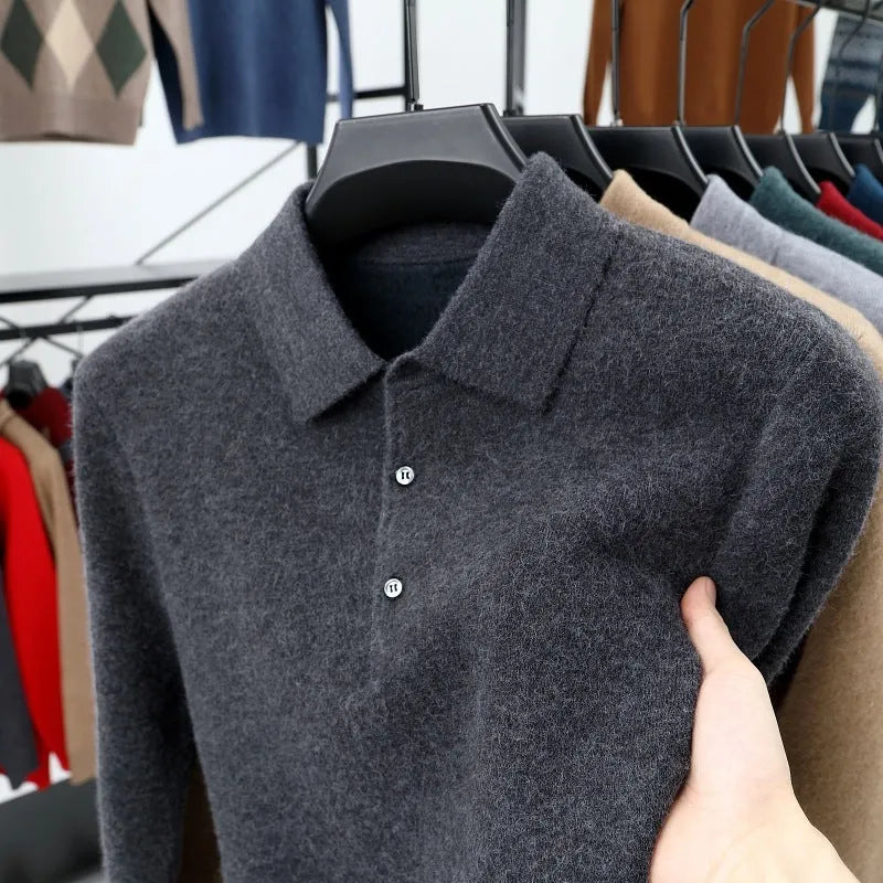 Men's turn-over collar polo shirt knitwear in fancy twill camel with long sleeves
