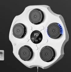 Black Bluetooth music boxing wall target hanging on a wall with paired boxing gloves.