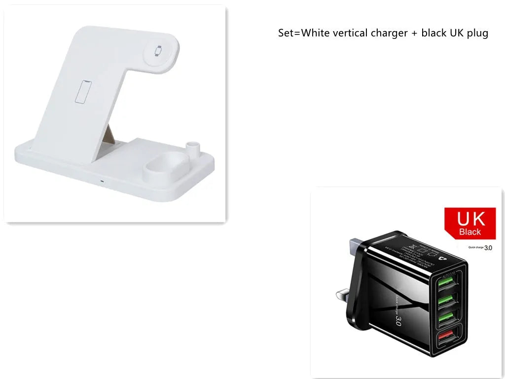 Black 4-in-1 wireless charging station with phone on adjustable stand, Apple Watch, and AirPods charging.
