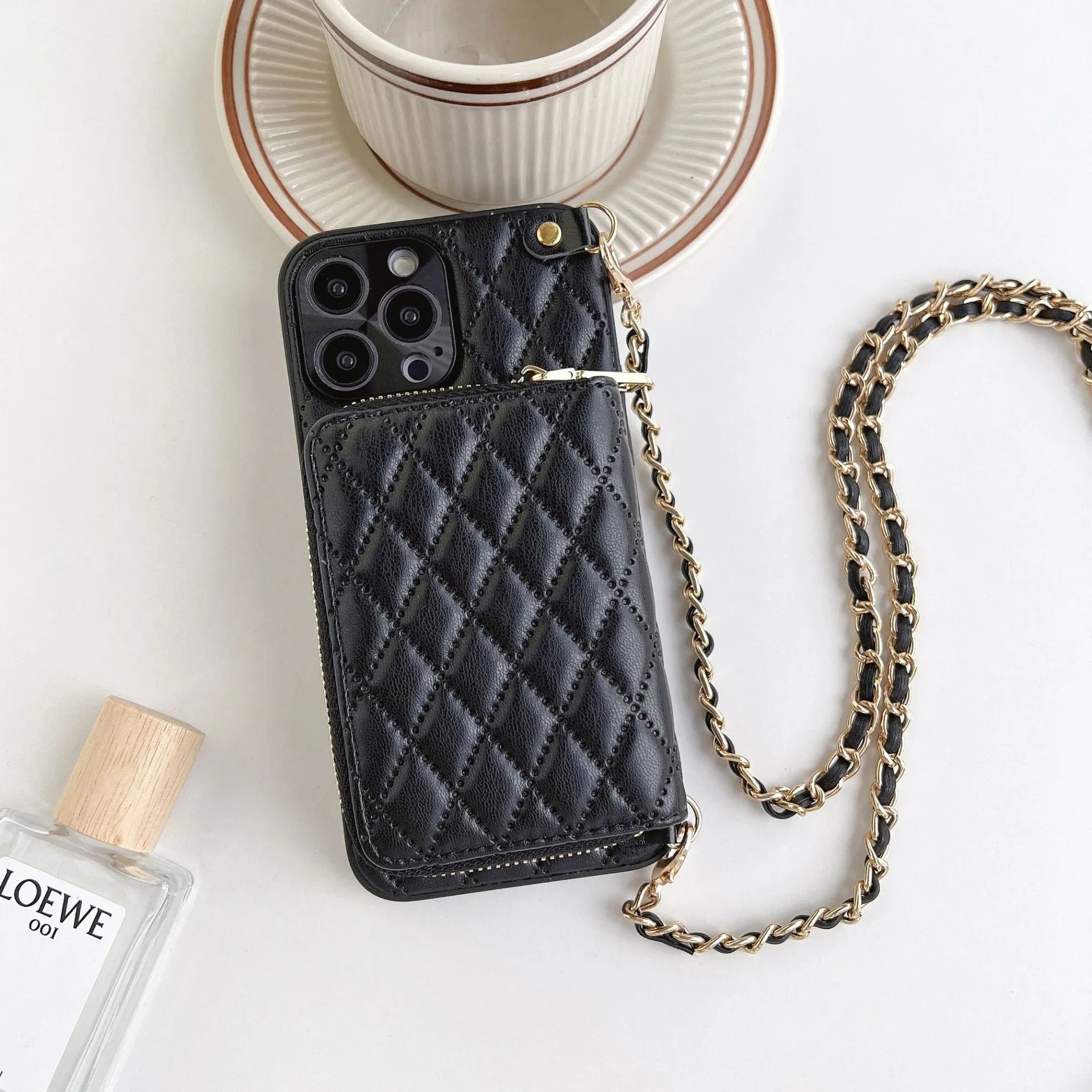Lambskin phone case with rhombic pattern, card holder, and chain in white for Apple iPhone