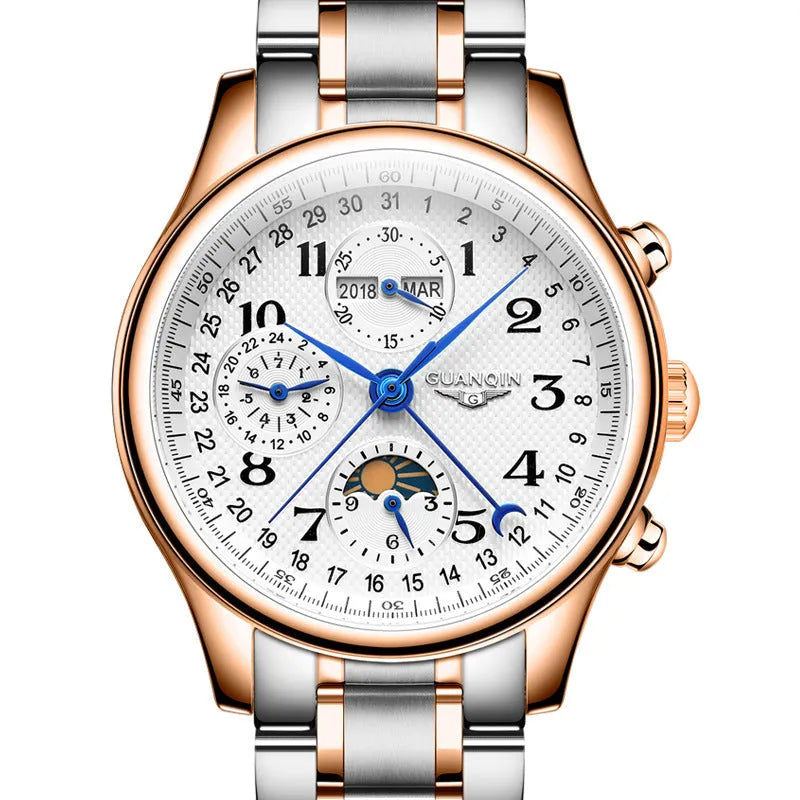 Men's mechanical perpetual calendar watch with moon phase display and luminous hands