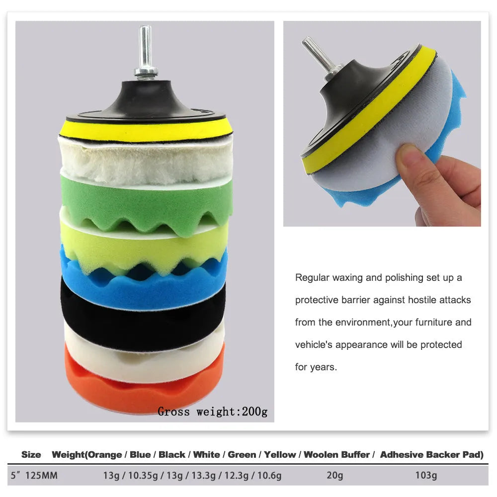 3 inch car polishing sponge set with five wave sponges, one wool pad, and M10 rubber pad