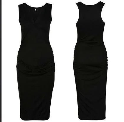 Sleeveless maternity dress with deep V-neck in solid black or grey colour for pregnant women