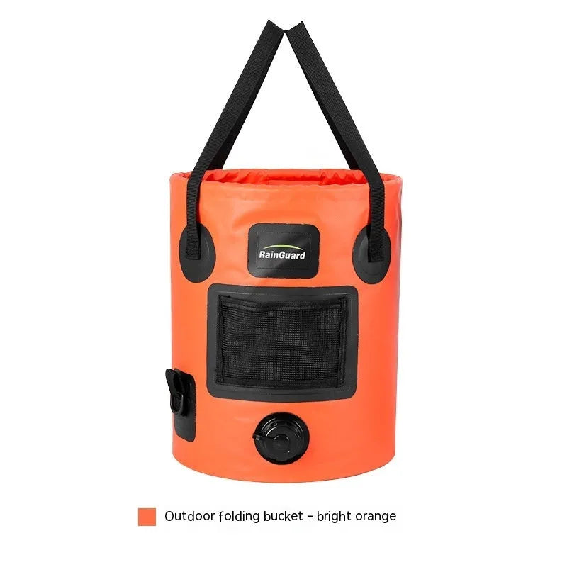 25-litre folding plastic outdoor fishing bucket shown in lemon yellow colour with optional built-in mesh net pocket