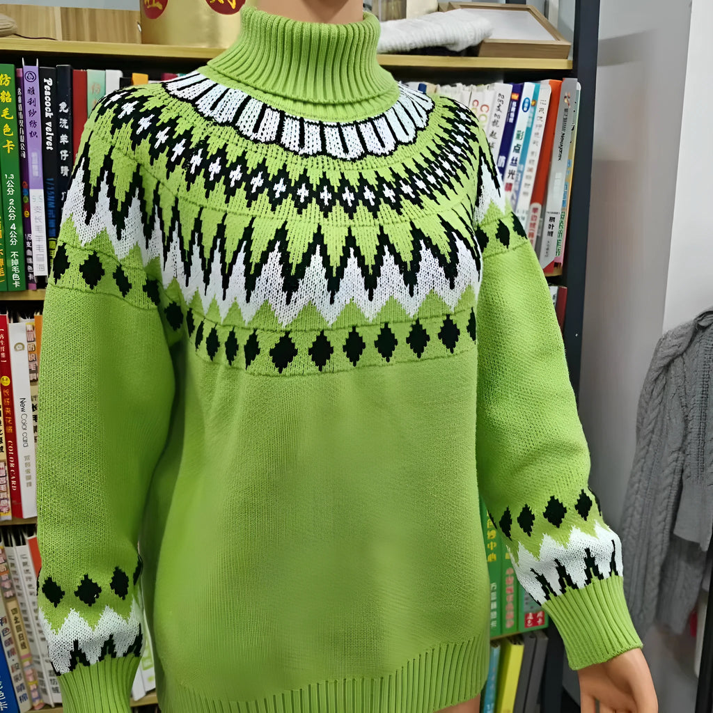 Women's knitted sweater in brown, acetate fibre jacquard pullover with long sleeves, front view