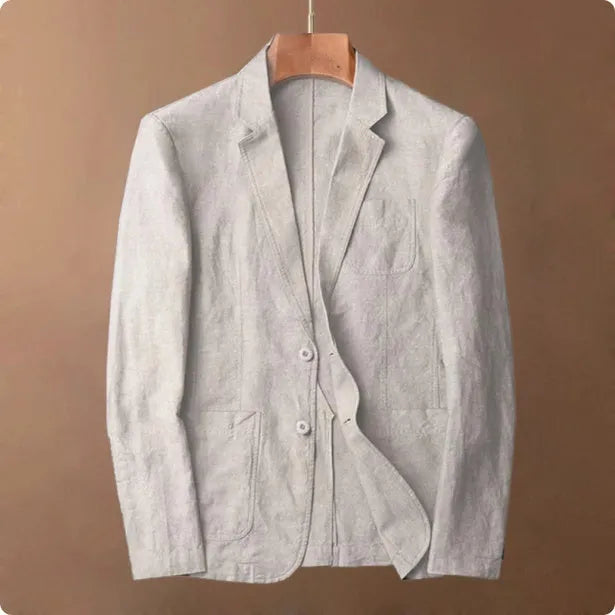 Men's solid colour linen suit coat with a stick pocket on a hanger.