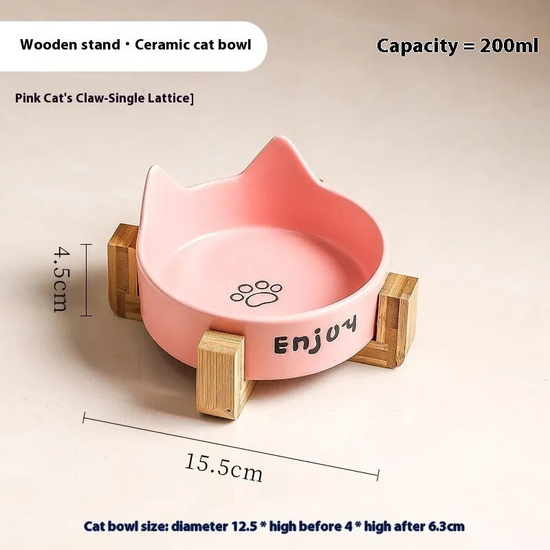 Porcelain cat bowl with wooden anti-tumble frame in chosen colour with cat ear design
