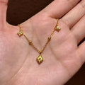 Eight awn star round beads copper necklace on woman with O-ring chain, diamond shape pendant, electroplated finish, adjustable 41-50cm