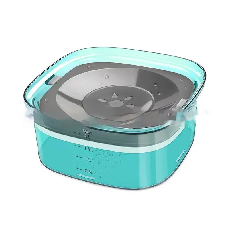 Transparent plastic pet water bowl with floating disc showing water level and non-slip base