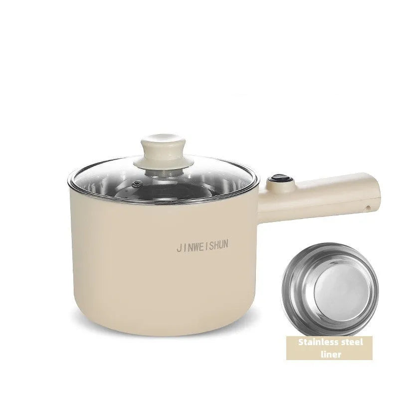 White, green, and khaki mini electric hot pot with non-stick interior and control panel.