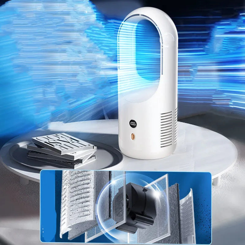 X28 bladeless desk fan showing LED display and 360-degree vent, with USB charging cable.