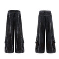 Black distressed denim coat and pants set with a gradient pattern and padded shoulders.