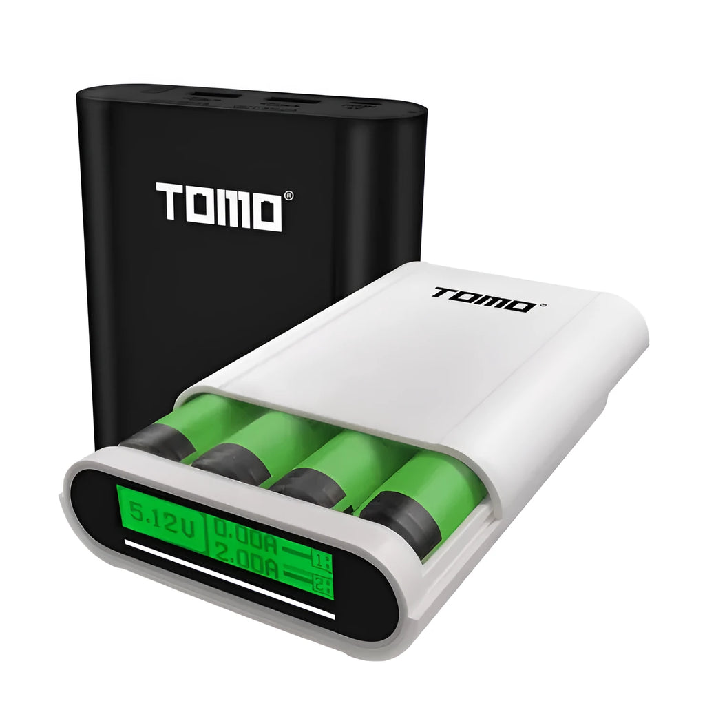 Black and white DIY mobile power bank and 18650 battery charger unit with LCD display.