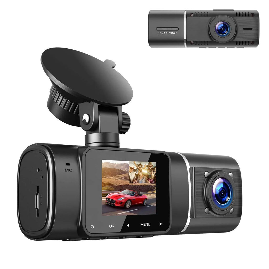 Standard black 1080p dashcam with 1.5-inch screen, showing car charger and stand accessories.