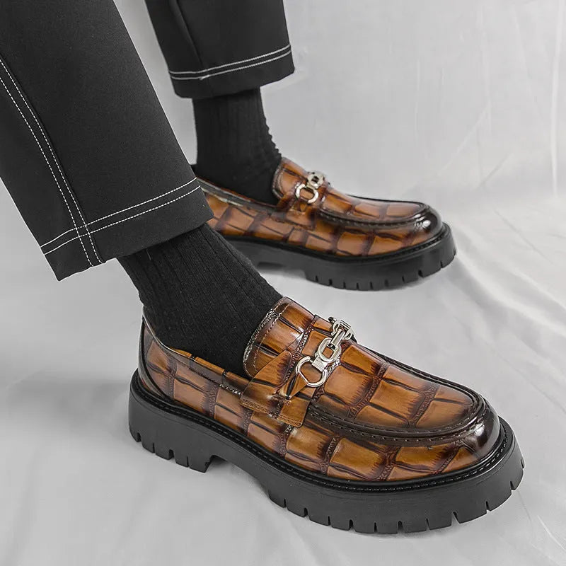 Men's black crocodile pattern leather platform loafers with flat heel