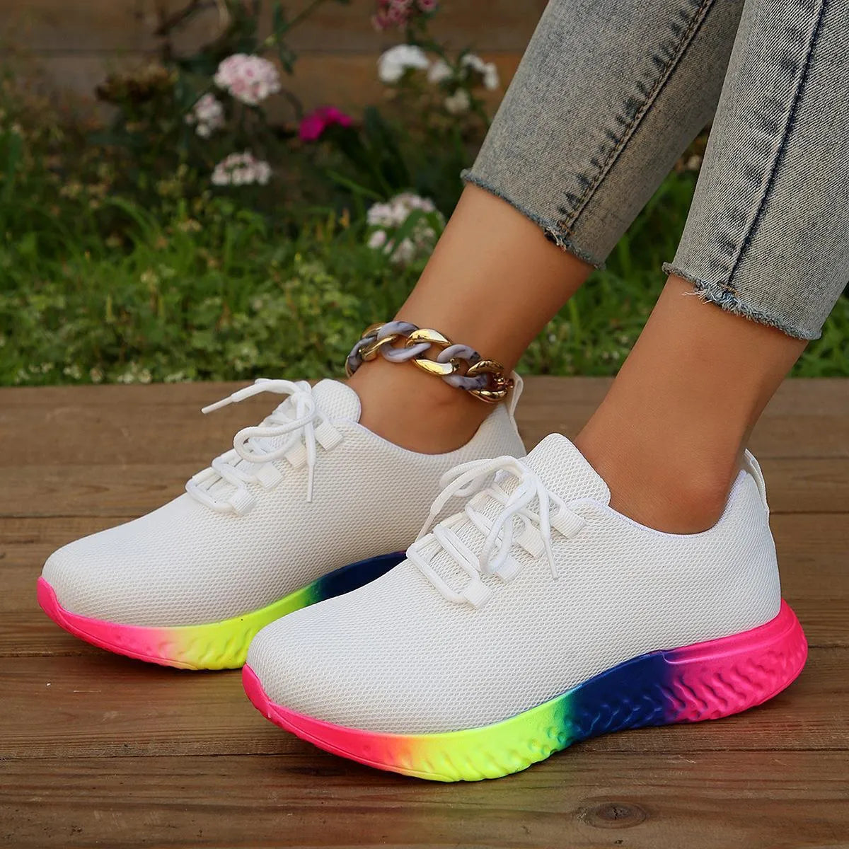 Women's plus size rainbow pumps, flat heel, low top, front lace-up, yellow black white, sizes 36-43