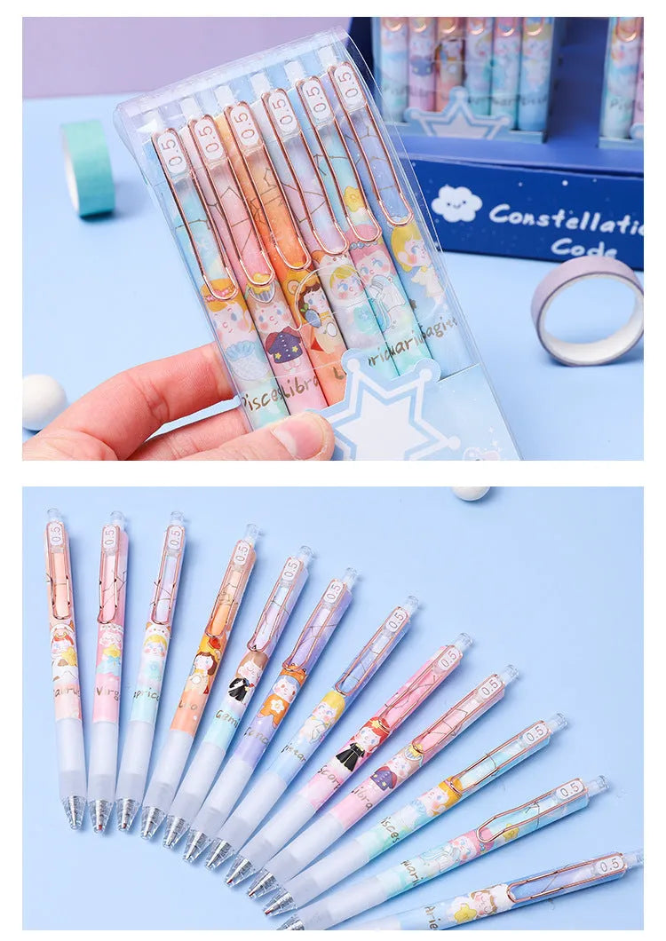 Six press gel pens with cartoon constellation designs, showing styles A and B.