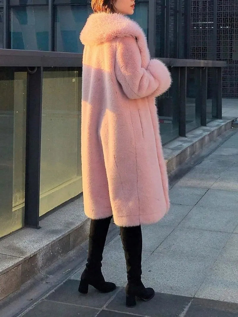 Women's grey faux rabbit fur coat with leather trim and a detachable fur collar on a hanger.