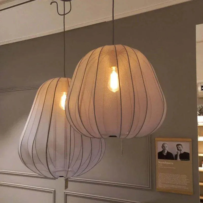 Japanese style pumpkin-shaped ceiling pendant lamp with branching arms and integrated LED lighting in grey blue finish