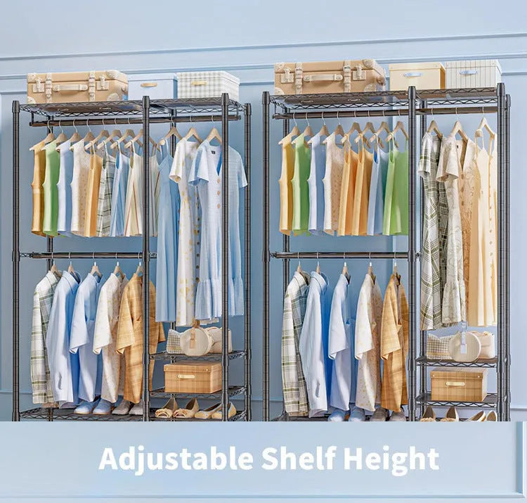 Black metal floor storage rack for hangers trousers and ties organisation 175x40x192cm dimensions