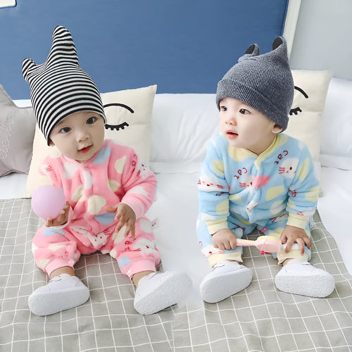 Baby wearing a long sleeve flannel romper with a panda print design