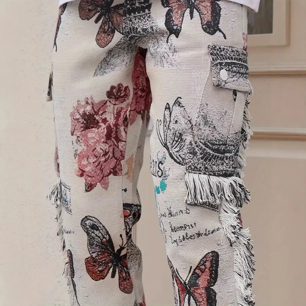 Men's animal digital printed slim fit cotton denim trousers, mid waist zip fly, available in multiple sizes