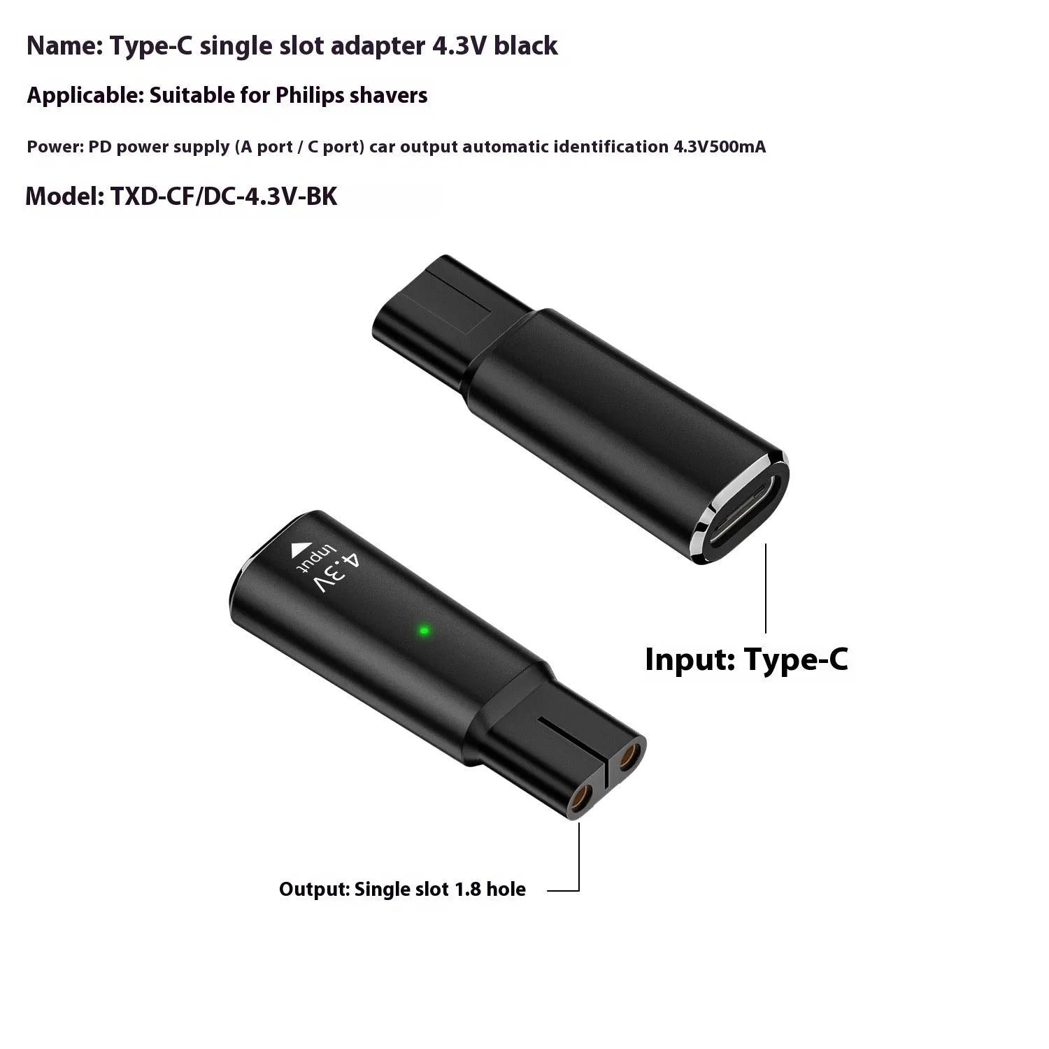 Black USB-C charging adapter for electric shavers with aluminium alloy casing and 4.3V 8W specifications