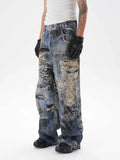 3D digital printed ripped graffiti straight jeans in picture colour, wide leg mid waist denim trousers