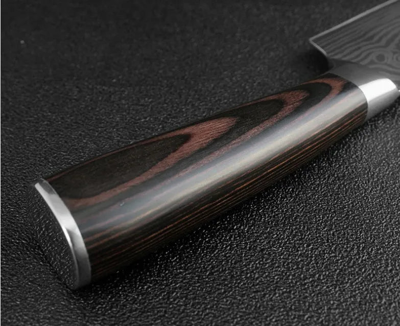 7Cr17 stainless steel kitchen knife with laser Damascus pattern blade and coloured wood handle