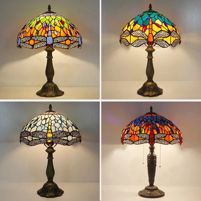 Tiffany style dragonfly stone table lamp in retro European design with coloured dragonfly motifs
