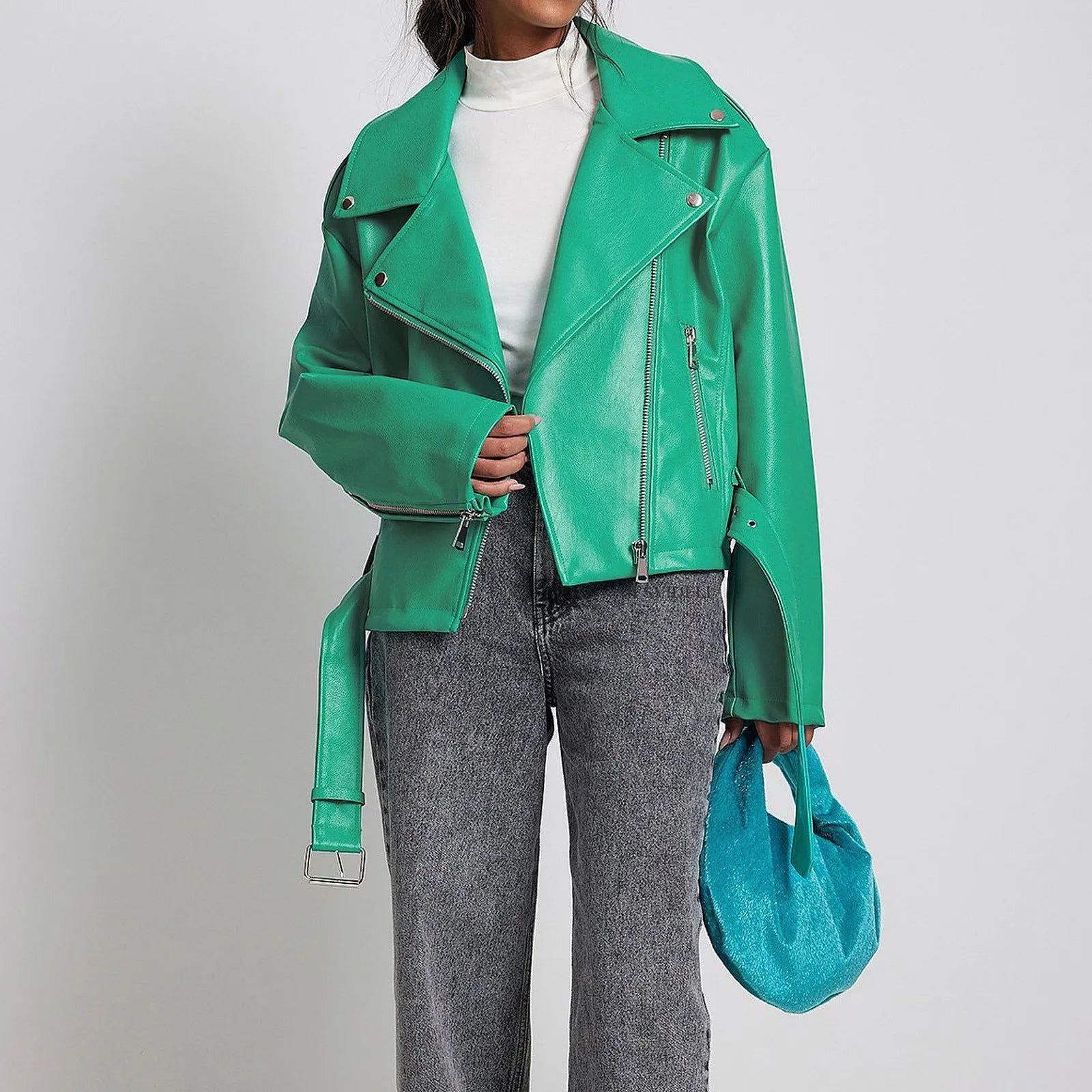 Punk style short belt lapel locomotive jacket in polyester leather, available in black, blue, and green.