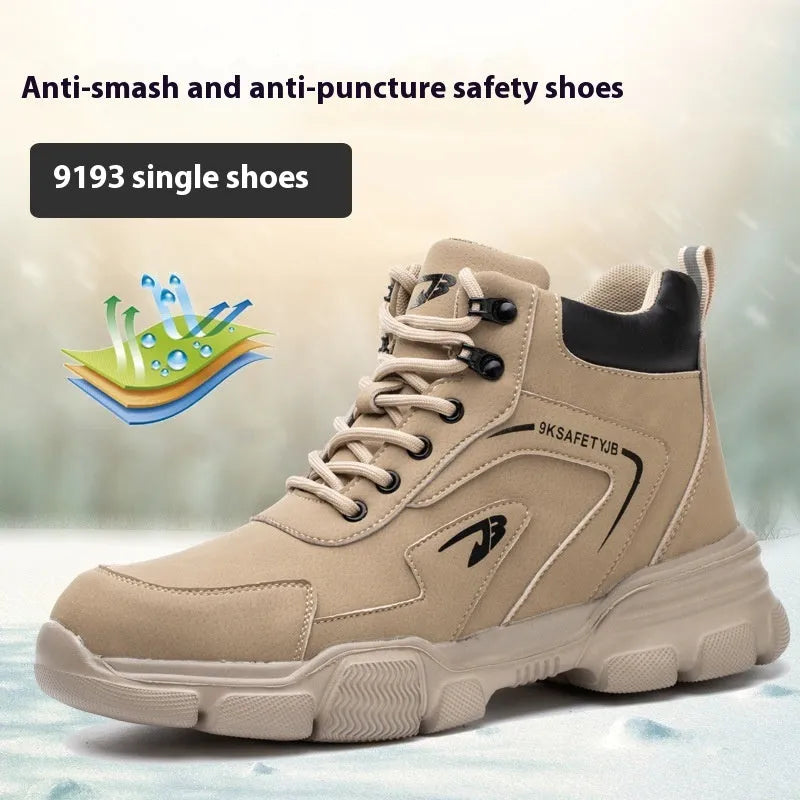 Brown leather labour protection safety shoes with rubber sole, shown on a white background.